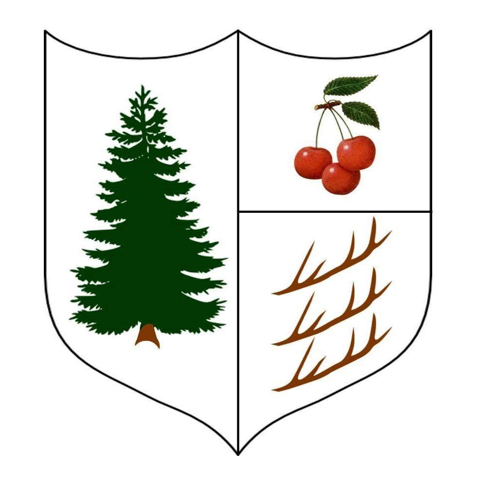 A shield divided into quarters featuring a green evergreen tree, red berries on a branch, and deer antlers