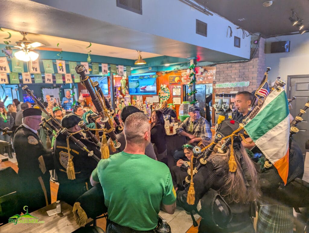 Bagpipers perform inside a crowded O’Reilly’s Pub & Grill in Newton, New Jersey, during a Saint Patrick’s Day celebration.