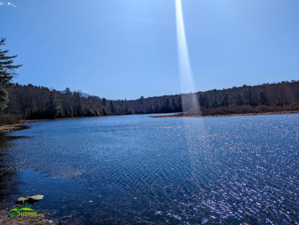 Sun reflecting on the water at Stony Lake in Stokes State Forest.