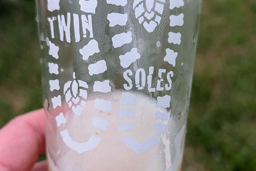 Pint glass etched with the Twin Soles Brewing logo at the Frankford, NJ taproom