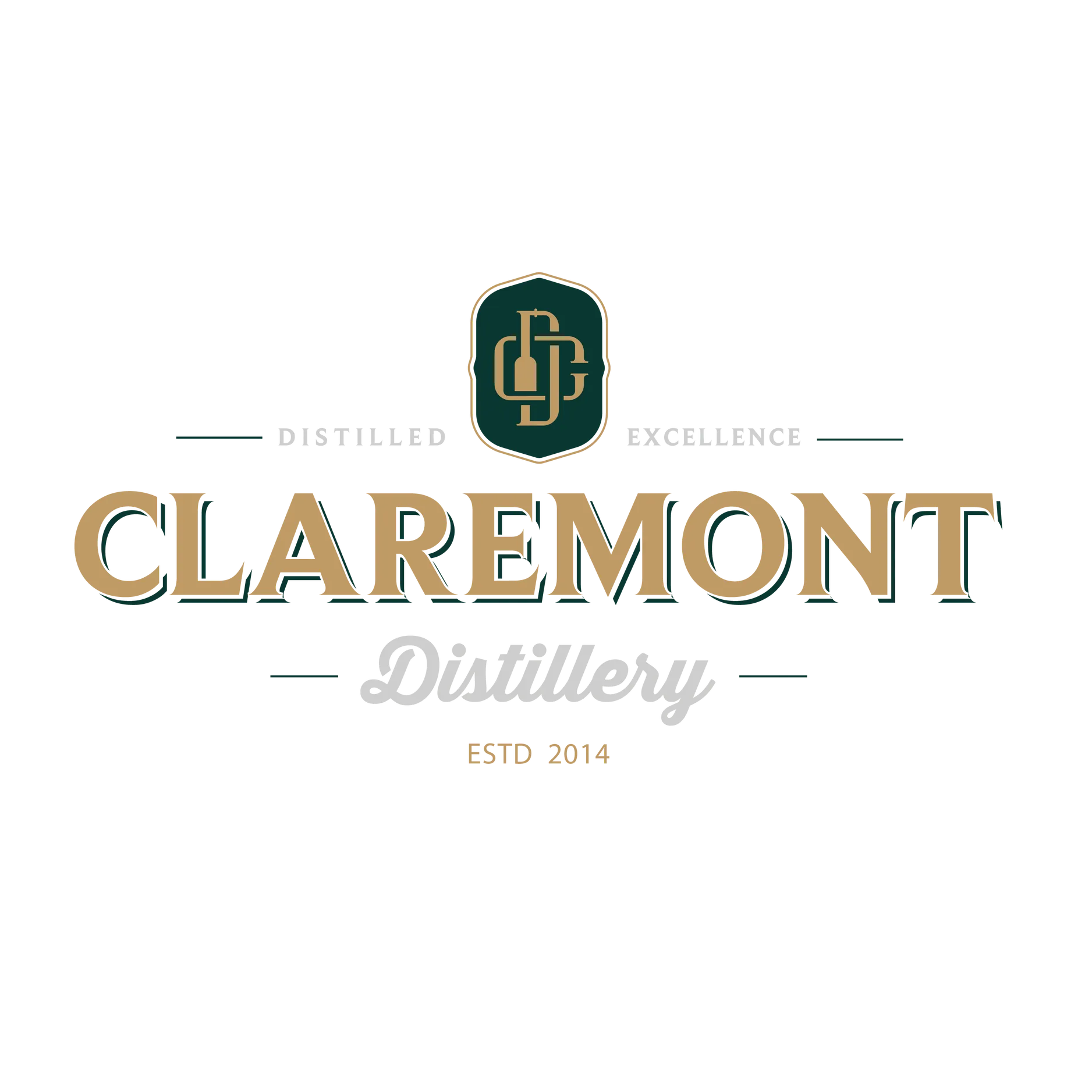 Claremont Distillery logo with established date 2014, distilled excellence tagline, gold lettering on dark green badge