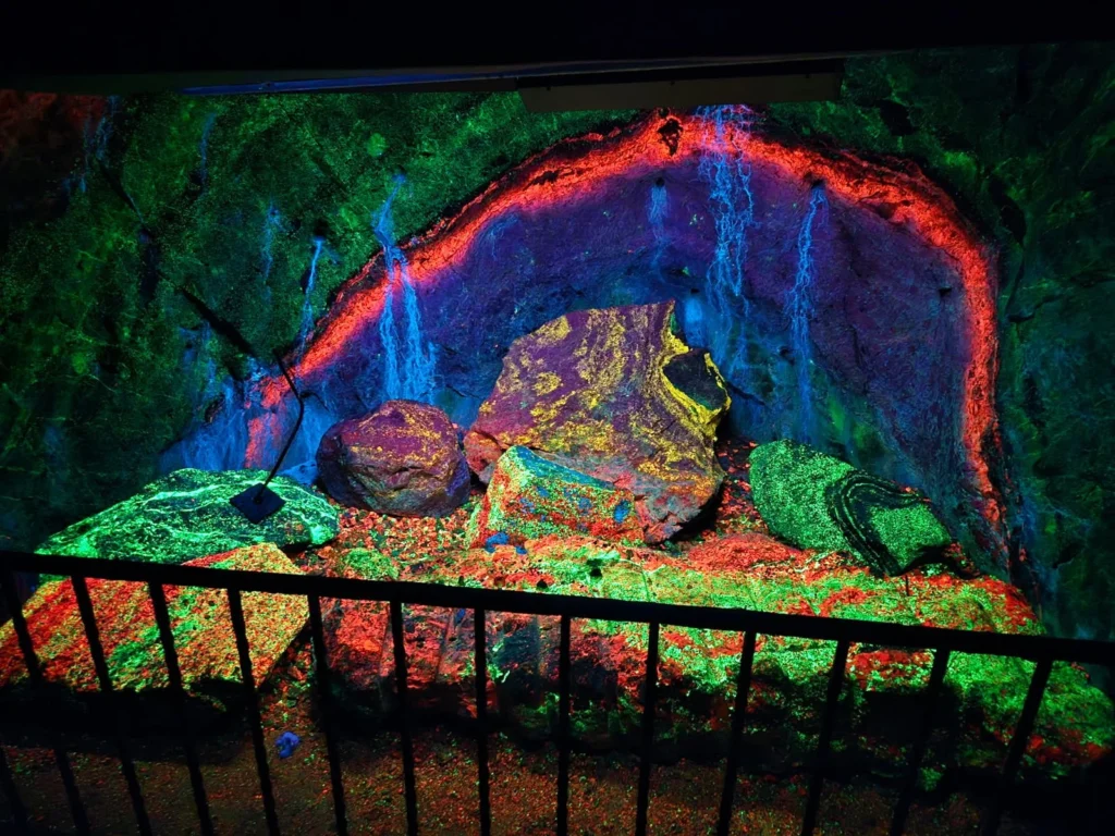 Flourescent minerals glow under UV lamps at the Sterling Hill Mining Museum in Ogdensburg, NJ