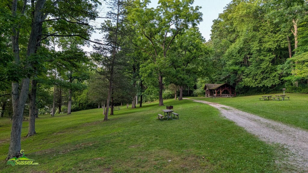 Picnic benches and one of several group picnic pavilions along Swartswood Lake at Swartswood State Park