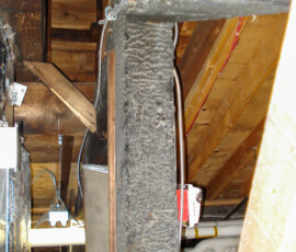 Charred attic beams inside the historic Sussex County Courthouse in Newton. The surviving timbers remain visible more than a century after the courthouse fire of 1910. Charred wooden beams visible in the attic of the historic Sussex County Courthouse in Newton, New Jersey.
