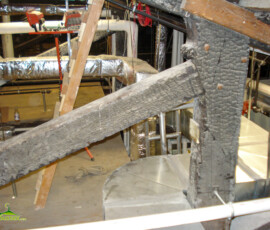 Charred attic beams inside the historic Sussex County Courthouse in Newton. The surviving timbers remain visible more than a century after the courthouse fire of 1910. Charred wooden beams visible in the attic of the historic Sussex County Courthouse in Newton, New Jersey.