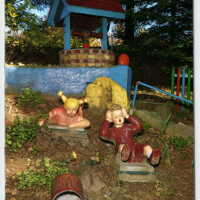 A postcard view of the Jack and Jill attraction at the Gingerbread Castle in Hamburg, NJ.