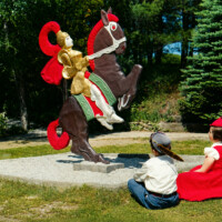 A postcard view of the Prince Charming on his prancing steed attraction at the Gingerbread Castle in Hamburg, NJ.